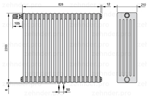 Схема (чертеж) Радиатор Zehnder Charleston 6220/18 №V007 Белый глянцевый RAL 9016